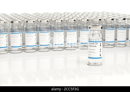 Set di flaconcini per vaccino Covid -19 isolati su fondo bianco. Messa a fuoco selettiva. illustrazione 3d. Foto Stock