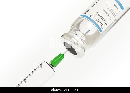 Flaconcino di vaccino COVID -19 e siringa per iniezione isolati su fondo bianco. illustrazione 3d. Foto Stock