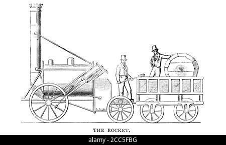 Una traccia ferroviaria incisa di George Stephenson's Rocket Steam treno da un libro vittoriano datato 1883 che è no più a lungo in titoli d'autore Foto Stock