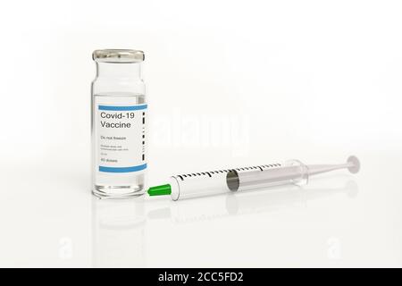 Vaccino Covid -19 in flaconcino siringa successiva isolato su fondo bianco. Messa a fuoco selettiva. Illustrazione 3d. Foto Stock