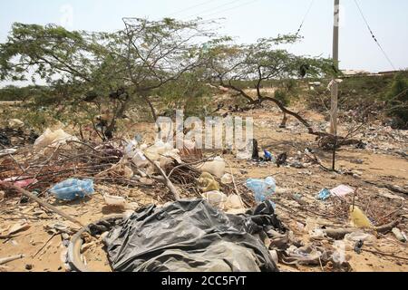 Spazzatura e sacchetti di plastica intrappolati in cespugli spinoso alla periferia di Uribia, la capitale indigena del paese, Dipartimento la Guajira, Colombia. Foto Stock