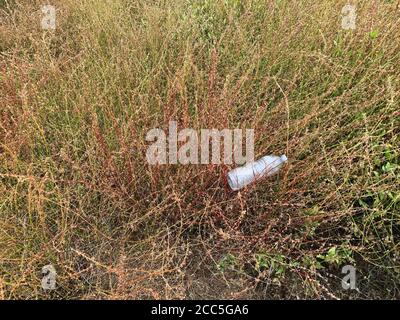 Bottiglia di acqua di plastica scartata sul campo Foto Stock