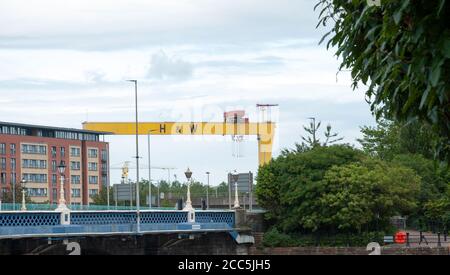 H&W Crane, Regno Unito, Irlanda del Nord, Belfast, Belfast Docklands, Harlan e Wolff Shipyard Crane, una volta costruttori del Titanic. Foto Stock