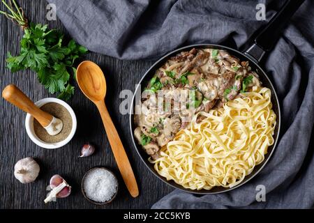 stroganoff di manzo cotto con salsa di funghi panna acida, servito con tagliatelle d'uovo in una padella su un tavolo di legno scuro, piatto, vista orizzontale da ab Foto Stock