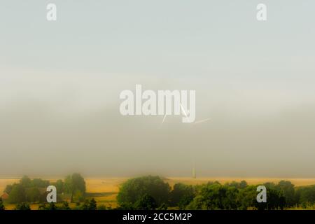 Turbine eoliche nella nebbia mattutina. Solo una parte delle turbine è visibile nella nebbia. Cespugli verdi del campo di paglia giallo in primo piano. Sfondo bianco blu opaco Foto Stock