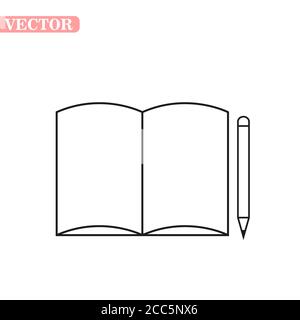 Icona del libro aperta in stile contorno isolata su sfondo bianco. Illustrazione vettoriale dei simboli dei libri. Illustrazione Vettoriale