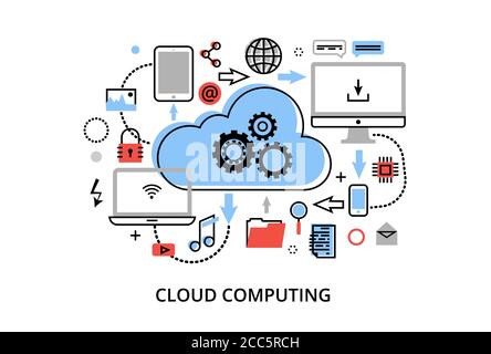 Illustrazione vettoriale dal design piatto e sottile, concetto di tecnologie di cloud computing, protezione delle reti di computer e storage remoto dei dati, per una maggiore chiarezza Illustrazione Vettoriale