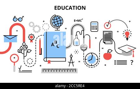 Illustrazione vettoriale di design piatto e sottile moderno, concetto di processo educativo, apprendimento in istituto educativo ed elementi di attrezzatura di studio, per Illustrazione Vettoriale