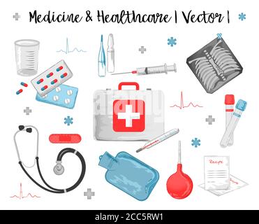 Icone vettoriali ad acquerello insieme di oggetti medici e sanitari quali termometro, pillole, stetoscopio, siringa, kit di pronto soccorso, provetta, cerotto rosso, Illustrazione Vettoriale