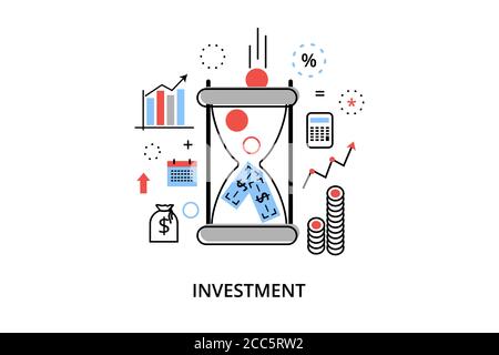 Moderno disegno piano sottile illustrazione vettoriale, concetto infografico con icone di investimento per il business e il processo finanziario, per grafica e web des Illustrazione Vettoriale