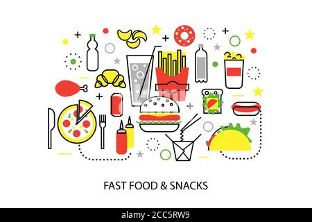 Moderno disegno piatto sottile illustrazione vettoriale, concetti di malsano fast food e snack, per grafica e web design Illustrazione Vettoriale