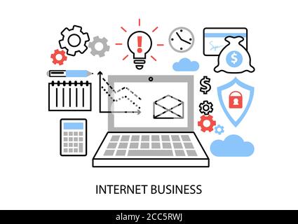 Moderno disegno piatto sottile illustrazione vettoriale, concetto infografico del commercio del Internet, pagamenti in linea e acquisti per disegno grafico e di fotoricettore Illustrazione Vettoriale