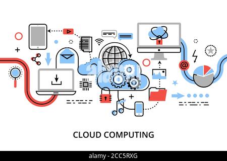 Illustrazione vettoriale dal design piatto e sottile, concetto di tecnologie di cloud computing, protezione delle reti di computer e storage remoto dei dati, per una maggiore chiarezza Illustrazione Vettoriale