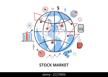 Illustrazione vettoriale di design piatto e sottile, concetto infografico con icone di processo di borsa e di negoziazione di titoli, per grafica e web d Illustrazione Vettoriale