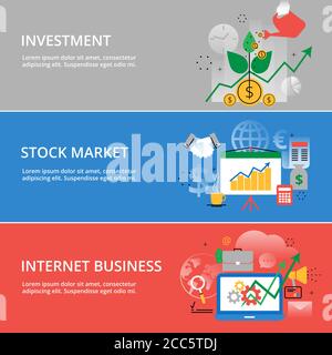 Illustrazione vettoriale di design piatto e sottile, concetto infografico di processo di investimento, mercato azionario e business internet, per grafica e web d Illustrazione Vettoriale