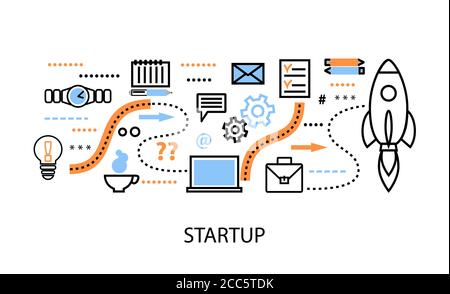 Illustrazione vettoriale di design piatto e sottile, concetti di progetto iniziale, strategia aziendale e sviluppo dell'innovazione, per desig grafico e web Illustrazione Vettoriale