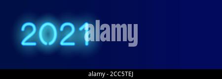 banner vettoriale lungo 2021. Sfondo blu scuro con realistico simbolo al neon 2021. Modello banner social media Illustrazione Vettoriale