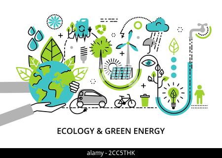 Moderno disegno piatto sottile illustrazione vettoriale, concetto infografico di problema di ecologia, generazione e risparmio di energia verde per grafici e web desi Illustrazione Vettoriale