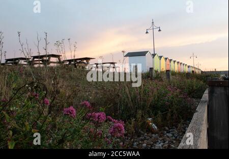 Capanne da spiaggia a Eastbourne, East Sussex, Regno Unito Foto Stock