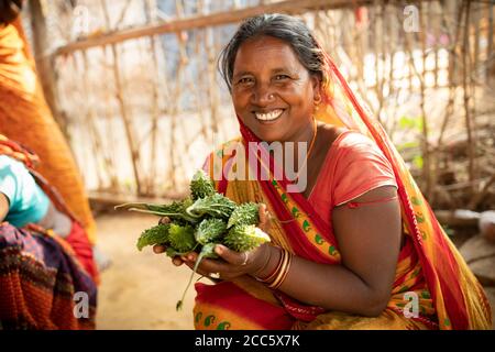 Una donna si siede nella sua cucina con zucca amara appena raccolta, prelevata dalla sua fattoria a Bihar, India, Asia meridionale. Foto Stock