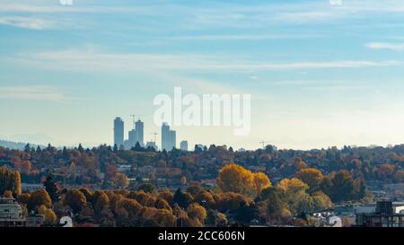 Foto aerea della città di Richmond in Canada che mostra la bella natura e gli alberi colorati e i colori dell'autunno Foto Stock