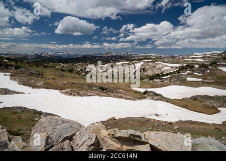 Neve d'estate lungo il Beartooth Pass (autostrada US 212), con splendide viste sulle montagne alpine del Montana e del Wyoming Foto Stock