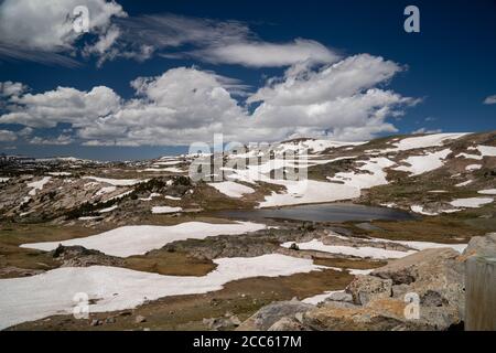 Neve d'estate lungo il Beartooth Pass (autostrada US 212), con splendide viste sulle montagne alpine del Montana e del Wyoming Foto Stock