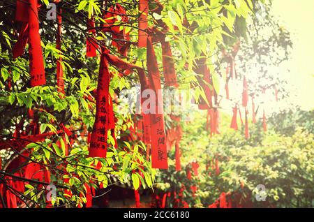 Zhangjiajie, Cina - 10 maggio 2017: Dettaglio dei nastri rossi nel Parco Nazionale della Foresta di Wish Zhangjiajie, Cina. Foto Stock