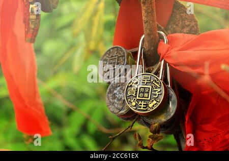 Zhangjiajie, Cina - 10 maggio 2017: Dettaglio di serrature d'amore con nastri rossi nel Parco Nazionale di Zhangjiajie, Cina. Foto Stock