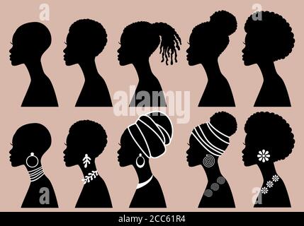 Black beauty, African Women, silhouette di profilo, set di illustrazioni vettoriali Illustrazione Vettoriale