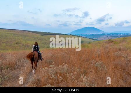 Passeggiate a cavallo nella valle di Jezreel, Israele. Mount Tabor può essere visto in background Foto Stock