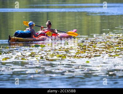 06 agosto 2020, Meclemburgo-Pomerania occidentale, Fleeter Mühle: Due paddler si trovano sulla Vilzsee vicino al Fleeter Mühle. Migliaia di turisti stanno attualmente viaggiando in barca, in bicicletta o come escursionisti nel distretto dei laghi di Mecklenburg. Foto: Jens Büttner/dpa-Zentralbild/ZB Foto Stock