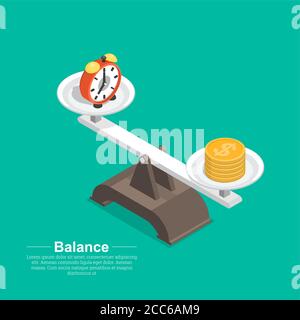 Scala con ore e un coin.concept tempo e denaro.equilibrio tra lavoro e il dato Time.isometry.3D.Vector illustrazione in stile piatto. Illustrazione Vettoriale