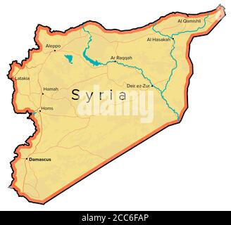 Siria mappa, fiumi, strade e città. Mappa disegnata a mano. Cartografia mediorientale Foto Stock