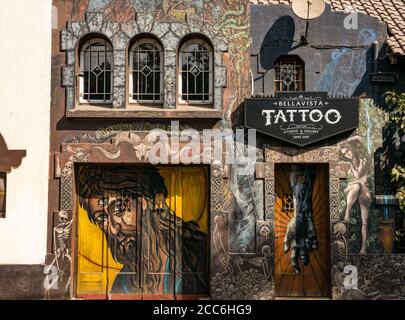 Opere d'arte stravaganti di fronte al Tattoo Parlour Studio, Bellavista, Santiago, Cile, Sud America Foto Stock