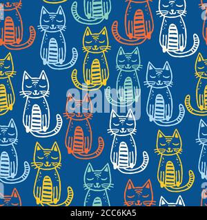 Schema vettoriale senza giunture CATS. Animali bambini design con cute colorful Kittens. Texture blu infantile creativa con gatti. Ideale per tessuti, tessuti, bambini Illustrazione Vettoriale