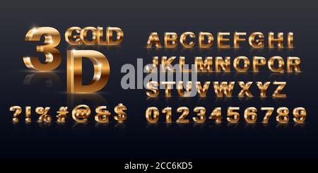Una serie di lettere, figure e simboli dorati. 3D l'alfabeto. Elementi per il design, gioielli natalizi. Illustrazione vettoriale. Illustrazione Vettoriale