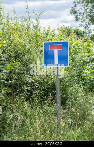 Inclinazione / inclinazione No attraverso Road / Dead End UK strada segnale in una Cornovaglia paese corsia. Metafora uscita bloccata, nessuna presa, qualcosa negato. Foto Stock