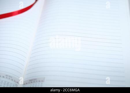 Agenda aperta con pagine vuote con righe su sfondo bianco, primo piano con messa a fuoco selettiva. Foto Stock