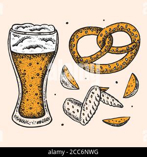 Bicchiere di birra artigianale, patate fritte, ali di pollo, pretzel. Oktoberfest clip art, set di elementi. Alcol, spuntini, fast food. Tradizioni tedesche. Bar, p. Illustrazione Vettoriale