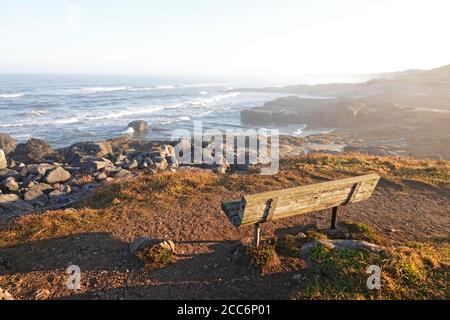 Una panchina solitaria su una vista sopra l'Oceano Pacifico a Yachats, Oregon. Foto Stock