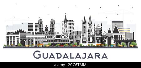 Guadalajara Città del Messico skyline con edifici a colori isolati su bianco. Illustrazione vettoriale. Concetto turistico con architettura storica e moderna. Illustrazione Vettoriale