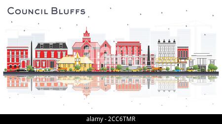 Council Bluffs Iowa Skyline con edifici a colori e riflessi isolati su sfondo bianco. Illustrazione vettoriale. Illustrazione Vettoriale