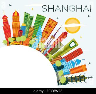 Shanghai China City Skyline con edifici a colori, Blue Sky e Copy Space. Illustrazione vettoriale. Illustrazione Vettoriale