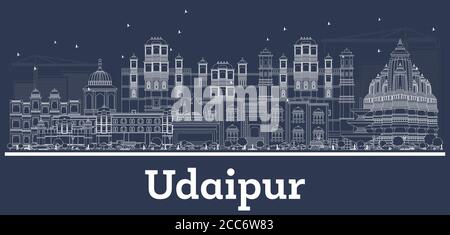 Profilo Udaipur India City Skyline con edifici bianchi. Illustrazione vettoriale. Viaggio d'affari e concetto con architettura storica. Illustrazione Vettoriale
