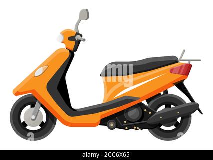 Scooter arancione isolato su bianco. Veicolo urbano, trasporto urbano. Moto moderna. Illustrazione vettoriale piatta Cartoon. Illustrazione Vettoriale