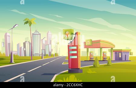 Stazione di benzina con pompa del petrolio, mercato e visualizzazione dei prezzi su strada per la città tropicale. Vector Cartoon City scape con stazione di rifornimento di carburante vuoto per auto, palme ed edifici sullo sfondo Illustrazione Vettoriale