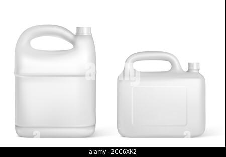 Contenitori in plastica, bottiglie in jerrycan bianco di forme e volumi diversi. Detergente isolato, olio motore, lubrificante per auto o additivo per benzina elementi di progettazione contenitore vuoto realistico vettore 3d mockup Illustrazione Vettoriale