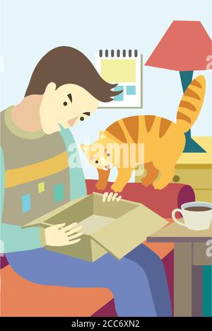 L'uomo e il suo gatto di zenzero aprono una scatola vuota. Illustrazione Vettoriale