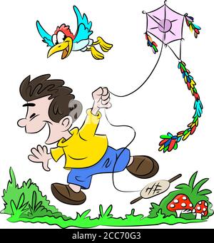 Cartoon ragazzo che corre felicemente e volare un kite vettore illustrazione Illustrazione Vettoriale